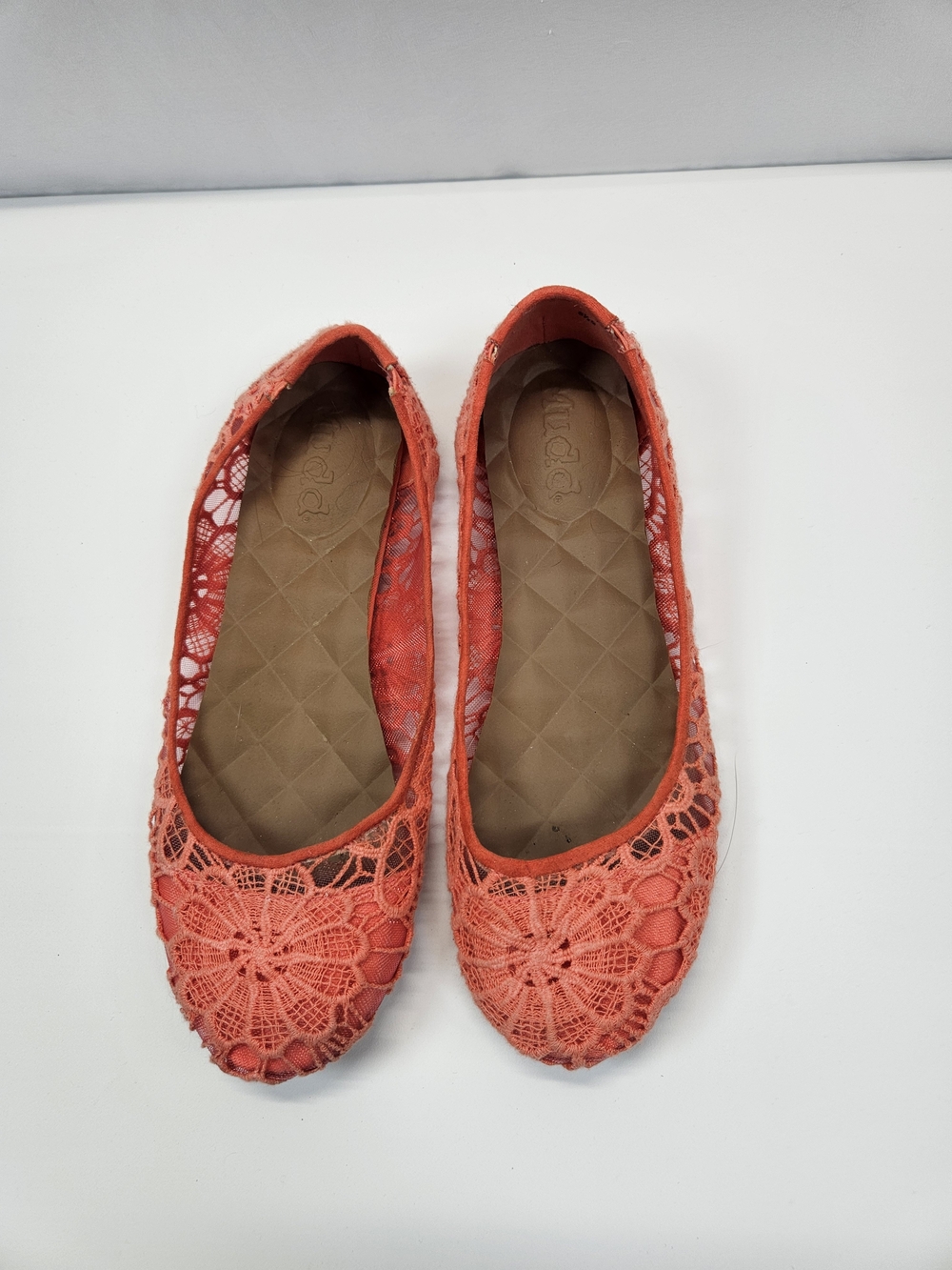 Mudd Coral Lace Ballet Flats Sz 8.5 Orange Crochet Open Weave Boho Slip On Shoes